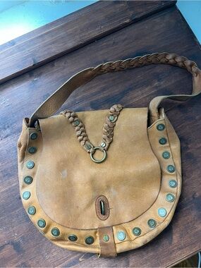 Braided Trim Tan Leather Shoulder Bag with Stud Accents